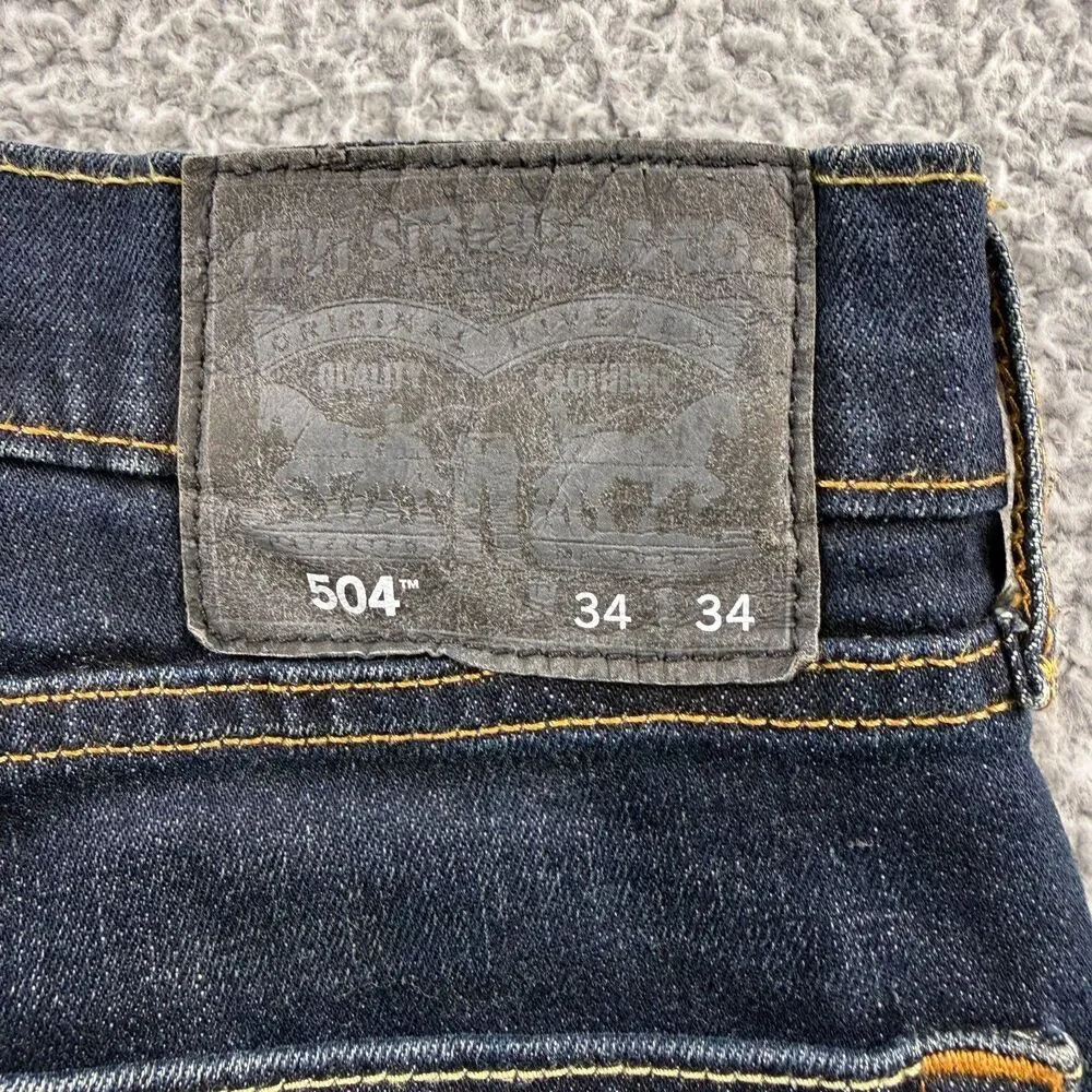 Levi's 504 Jeans Mens 34x34 Blue Denim Whiskered Straight Leg Dark Wash Levis